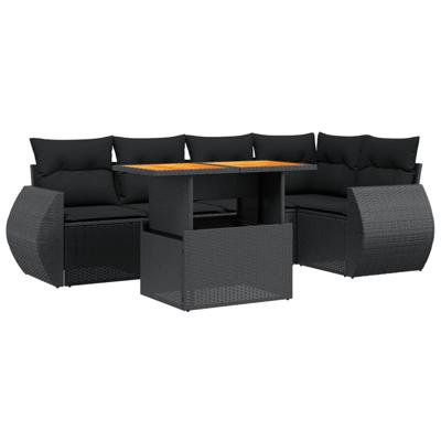 6-delige Loungeset met kussens poly rattan zwart