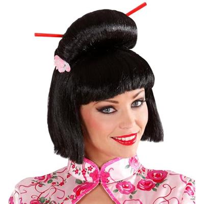 Pruik Geisha met Bloem en Chopsticks