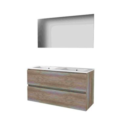 Basic-Line Basic 46 Badkamermeubelset - 120 x 46 cm - Greeploos - 2 Lades - Keramische Wastafel - 2 Kraangaten - Spiegel - Scotch Oak