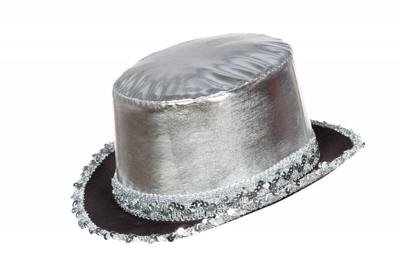 Hoge hoed lamee met paillettenband zilver