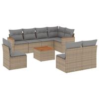 9-delige Loungeset met kussens poly rattan gemengd beige - thumbnail