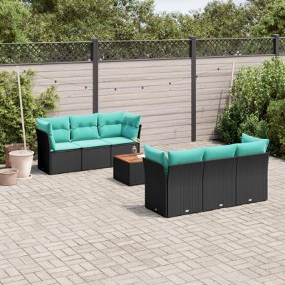 7-delige Loungeset met kussens poly rattan zwart