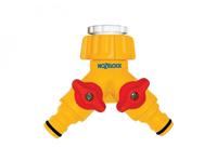 Hozelock dubbele kraanverbinder met afsluiters - thumbnail