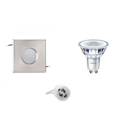 GU10 Inbouwspot Set - Mat Chroom - Inbouw Vierkant - Waterdicht IP65 - Philips - CorePro 840 36D - Aigi - 4.6W - Natuurlijk Wit 4000K - 82mm