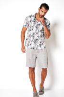 Desoto Heren Overhemd Korte Mouw Wit Blader Print Slim Fit - thumbnail