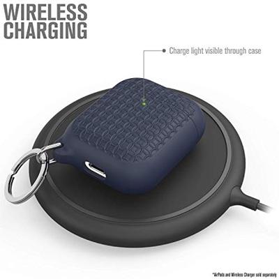 Keyring Case voor AirPods 1 en 2 - Siliconen AirPods-case met textuurpatroon, oplaadlampje zichtbaar, oppervlakteafwerking met extra grip, inclusief sleutelring, compatibel met draadloos opladen - Marineblauw