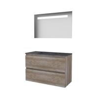 Basic-Line Economic 46 Badkamermeubelset - 100 x 46 cm - Greeploos - 2 Lades - Hardstenen Wastafel - Zonder Kraangat - Spiegel met LED Verlichting - Scotch Oak - thumbnail