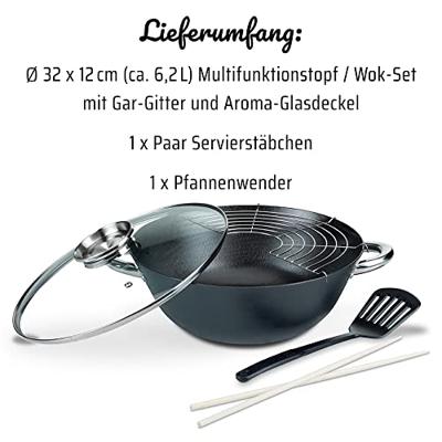5-delige multifunctionele wok - GSW - 860956 - Gegoten staal - 32 cm - Geschikt voor alle kookplaten, inclusief inductie