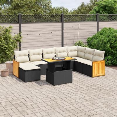 9-delige Loungeset met kussens poly rattan zwart