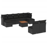10-delige Loungeset met kussens poly rattan zwart - thumbnail