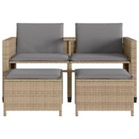Tuinbank 2-zits met tafel en voetenbanken poly rattan beige - thumbnail