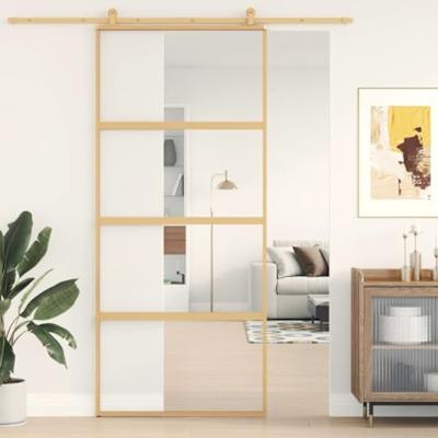 VidaXL Schuifdeur 90x205 cm helder esg-glas en aluminium goudkleurig VidaXL Schuifdeur 90x205 cm helder esg-glas en aluminium goudkleurig