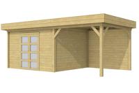 Woodvision Parelhoen blokhut 400x300 cm + overkapping 400 cm vuren groen geïmpregneerd- Plat dak- Geïmpregneerd vurenhout- Woodvision - thumbnail