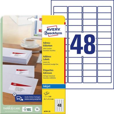 Avery-Zweckform Adresetiketten J4791-25 (N/A ),Wit, Rechthoek, Afgeronde hoeken, 1200 stuk(s), Permanent hechtend Avery-Zweckform Adresetiketten J4791-25 (N/A ),Wit, Rechthoek, Afgeronde hoeken, 1200 stuk(s), Permanent hechtend