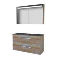 Basic-Line Premium 46 Badkamermeubelset - 120 x 46 cm - Met Grepen - 2 Lades - Hardstenen Wastafel - Zonder Kraangat - Spiegelkast met LED Verlichting - Scotch Oak - thumbnail