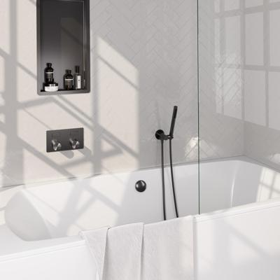 Brauer Stripe thermostatische inbouw badkraan met drukknoppen SET 03 met badvulcombinatie en staaf handdouche en doucheslang en wandaansluitbocht gunmetal geborsteld PVD