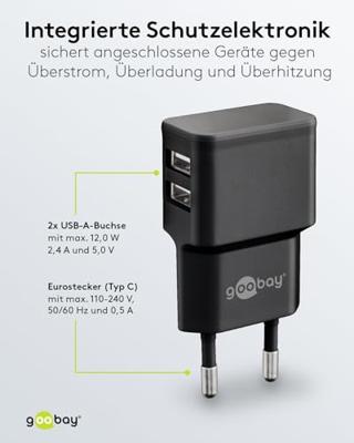 USB-A-adapter - USB-A-lader - 2 poorts - 2400mA - 12W - Zwart - thumbnail
