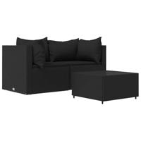 3-delige Loungeset met kussens poly rattan zwart - thumbnail