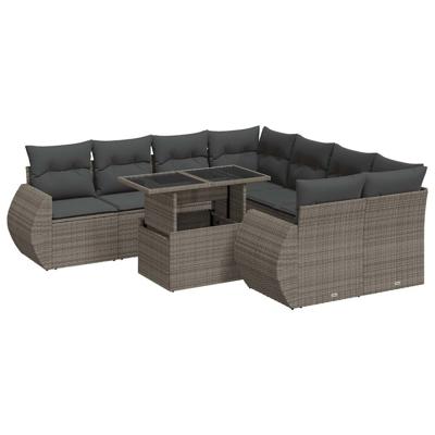 9-delige Loungeset met kussens poly rattan grijs