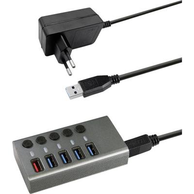 Maxtrack CH10L USB-hub 5 poorten Individueel schakelbaar Zilver-grijs