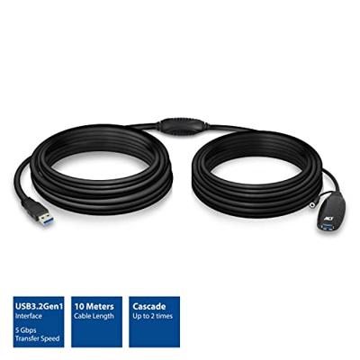 ACT AC6110 Actieve USB verlengkabel USB 2.0, kabel 10m, versterkt tot 2x USB signaal, incl. voedingsingang 5V, voor printer, camera, muis etc.