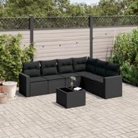 7-delige Loungeset met kussens poly rattan zwart - thumbnail