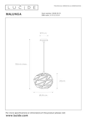 Lucide MALUNGA - Hanglamp - Ø 25 cm - 1xE27 - Wit