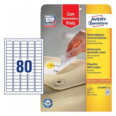 Avery-Zweckform L4732REV-10 Universele etiketten 35.6 x 16.9 mm Papier Wit 800 stuk(s) Weer verwijderbaar Inkjet, Laser (zwart/wit), Laser (kleur), Kopiëren Avery-Zweckform L4732REV-10 Universele etiketten 35.6 x 16.9 mm Papier Wit 800 stuk(s) Weer verwijderbaar Inkjet, Laser (zwart/wit), Laser (kleur), Kopiëren