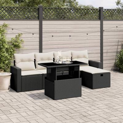 6-delige Loungeset met kussens poly rattan zwart
