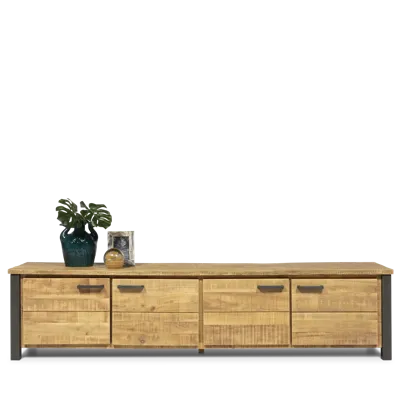 TV dressoir (210cm - 4 deuren) Steelwood - Seasoned Brown/Metaal Zwart