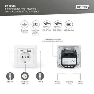 Digitus DA-70615 Stopcontact (onderbouw) Met USB Wit Digitus DA-70615 Stopcontact (onderbouw) Met USB Wit
