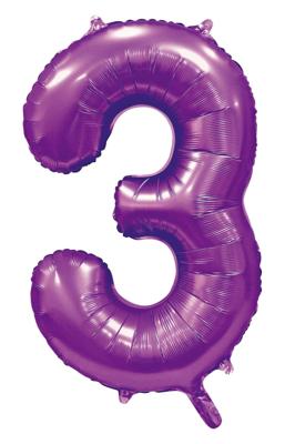 Paarse Cijferballon '3' (86cm)
