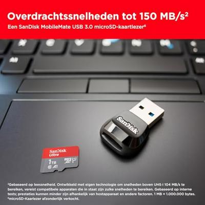 SanDisk microSDXC Ultra 1TB (A1/UHS-I/Cl.10/150MB/s) + Adapter Mobile microSDXC-kaart 1 TB A1 Application Performance Class, UHS-Class 1 SanDisk microSDXC Ultra 1TB (A1/UHS-I/Cl.10/150MB/s) + Adapter Mobile microSDXC-kaart 1 TB A1 Application Performance Class, UHS-Class 1