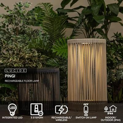 Lucide PINGI - Oplaadbare Vloerlamp Binnen/Buiten - Accu/Batterij - Ø 33,5 cm - LED 3 StepDim - 1x3W 3000K - IP44 - Taupe