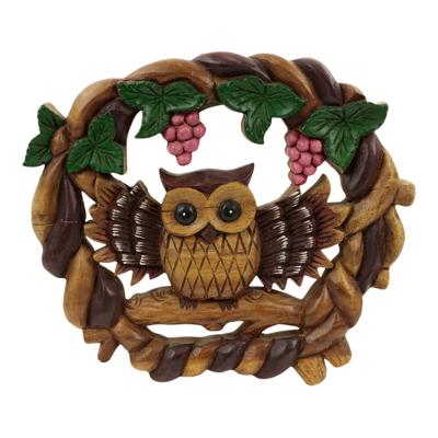 Houten Muurdecoratie Uil met Druiven en Tak Houten Muurdecoratie Uil met Druiven en Tak