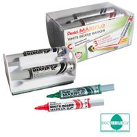 Pentel whiteboardmarker Maxiflo set van 4 stuks: blauw, rood, groen en zwart + magnetische bordwisser - thumbnail