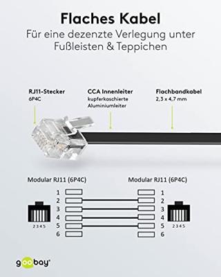 Goobay Telefoon (analoog) Aansluitkabel [1x RJ11-stekker - 1x RJ11-stekker] 10.00 m Zwart