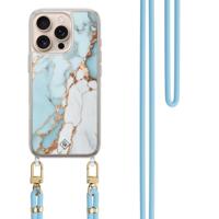 iPhone 16 Pro Max hoesje met blauw koord - Marmer lichtblauw - thumbnail