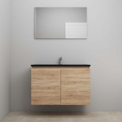 On-Line Badkamermeubelset - 100 cm - Bouwpakket - Greeploze Ladestructuur - Acryl Wastafel - 1 Kraangat - Spiegel - Eiken