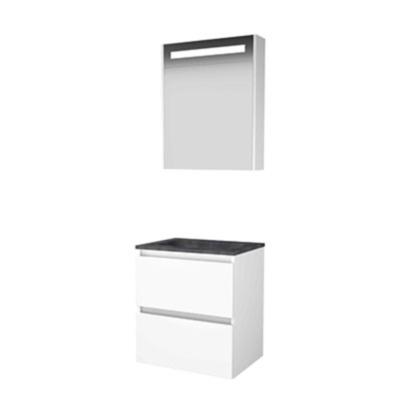 Basic-Line Premium 46 Badkamermeubelset - 80 x 46 cm - Greeploos - 2 Lades - Hardstenen Wastafel - Zonder Kraangat - Spiegelkast met LED Verlichting - Ice White