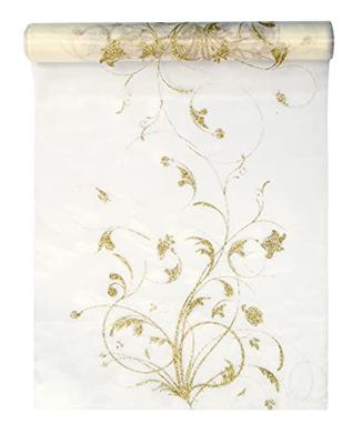 Vanille Creme Organza op Rol Gouden Bloemen (9m x 0.36m)