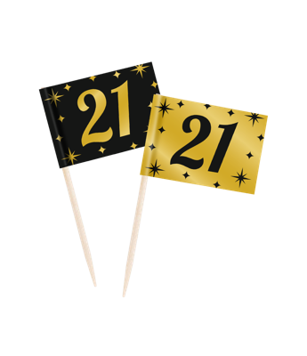 Classy Cocktail Prikkers 21 Jaar Zwart/Goud (50st)