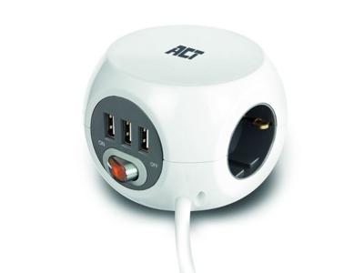 ACT AC2410 Vierkante stekkerdoos (PDU)/Powerblok | 3 Sockets Type F | 3 USB-A poorten | Wit