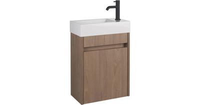 Saqu Florence voorgemonteerd fonteinmeubel in Toffee met mineraalmarmeren fontein en zwarte kraan rechts