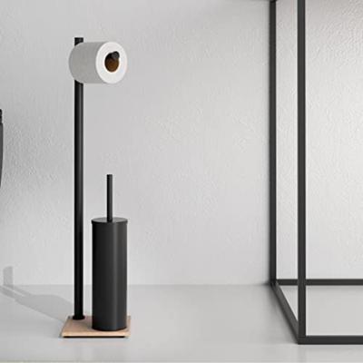 Vrijstaand Closetrol- en Borstelhouder Sapho Trilly Mat Zwart met Bamboe