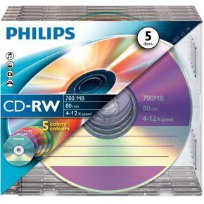 Philips CD-RW High-speed (700 MB / 80 minuten, 4-12x snelheid, 5 stuks gekleurde Slim Line Case, herschrijfbaar / overschrijfbaar)