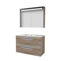 Basic-Line Premium 46 Badkamermeubelset - 100 x 46 cm - Met Grepen - 2 Lades - Keramische Wastafel - 1 Kraangat - Spiegelkast met LED Verlichting - Scotch Oak - thumbnail