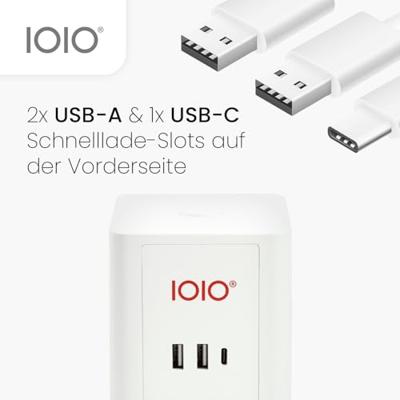 IOIO contactdoos SW1000, 3 stopcontacten en 3 USB-poorten, kubus, wit