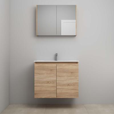 On-Line Badkamermeubelset - 80 cm - Bouwpakket - Greeploos 2 Deuren - Porseleinen Wastafel - 1 Kraangat - Spiegelkast - Eiken
