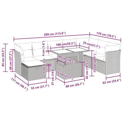 9-delige Loungeset met kussens poly rattan zwart